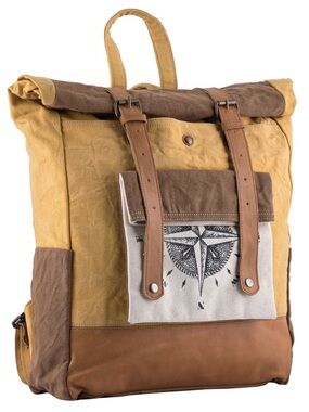 SIXTEASE Unisex Canvas Compass Roll-Top Travel Backpack Yellow Brown LIKE NEW
